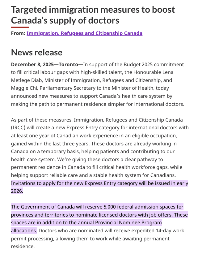 加拿大移民局IRCC 最新宣布:2026 年启动医生专属 EE 类别 + 额外新增 5,000 个医生省提名名额